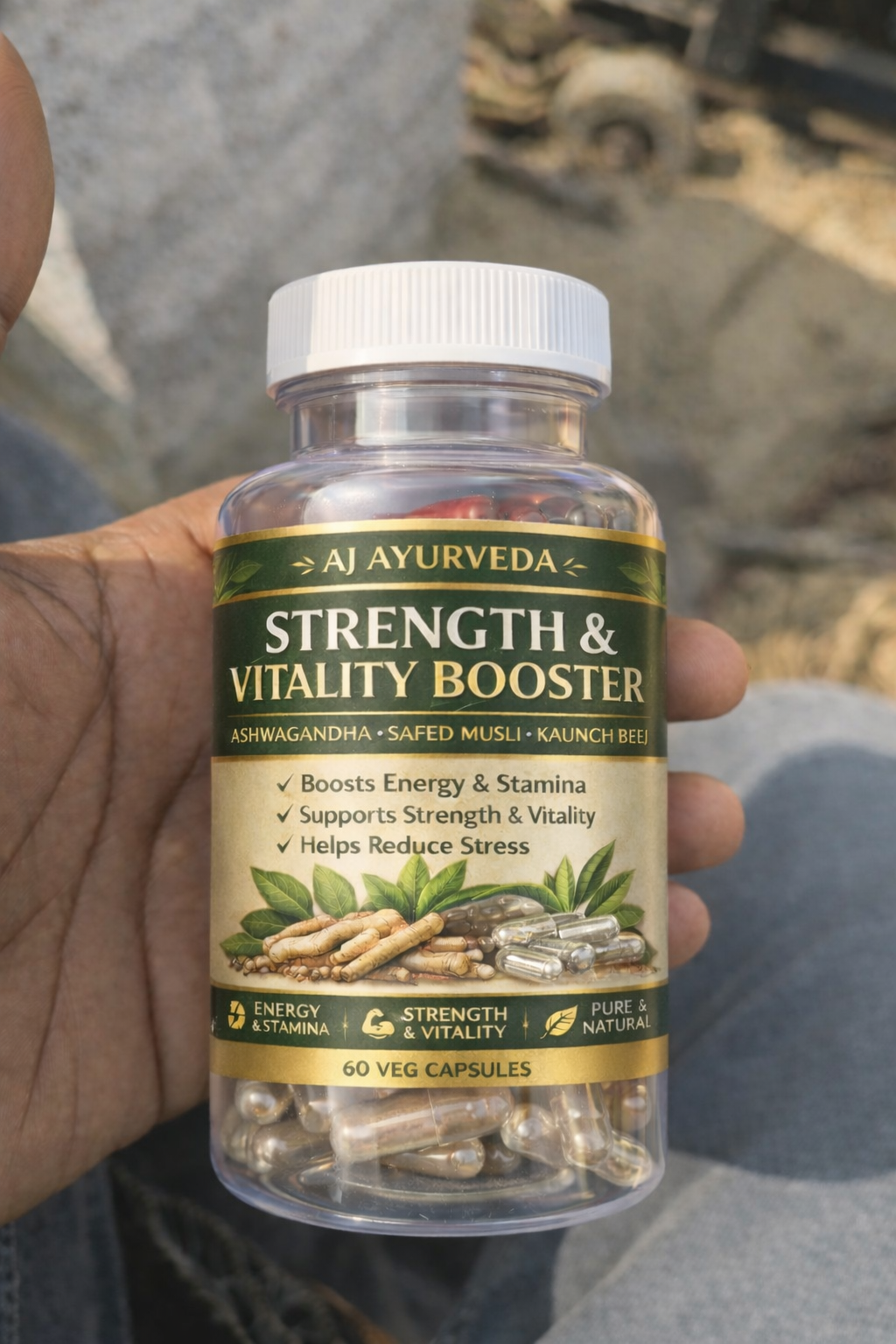 Strength & Vitality Booster Capsules | Ashwagandha, Safed Musli & Kaunch Beej | 120 Veg Capsules | AJ Ayurveda