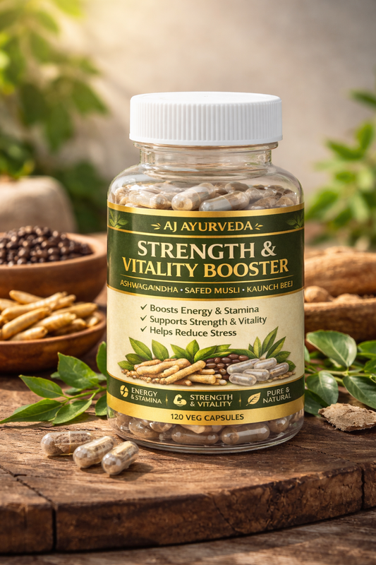 Strength & Vitality Booster Capsules | Ashwagandha, Safed Musli & Kaunch Beej | 120 Veg Capsules | AJ Ayurveda
