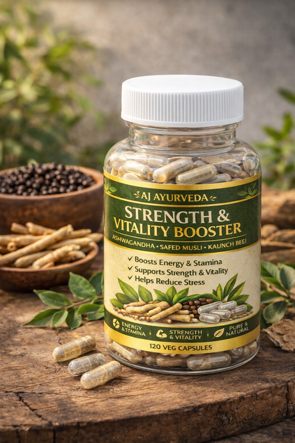 Strength & Vitality Booster Capsules | Ashwagandha, Safed Musli & Kaunch Beej | 120 Veg Capsules | AJ Ayurveda